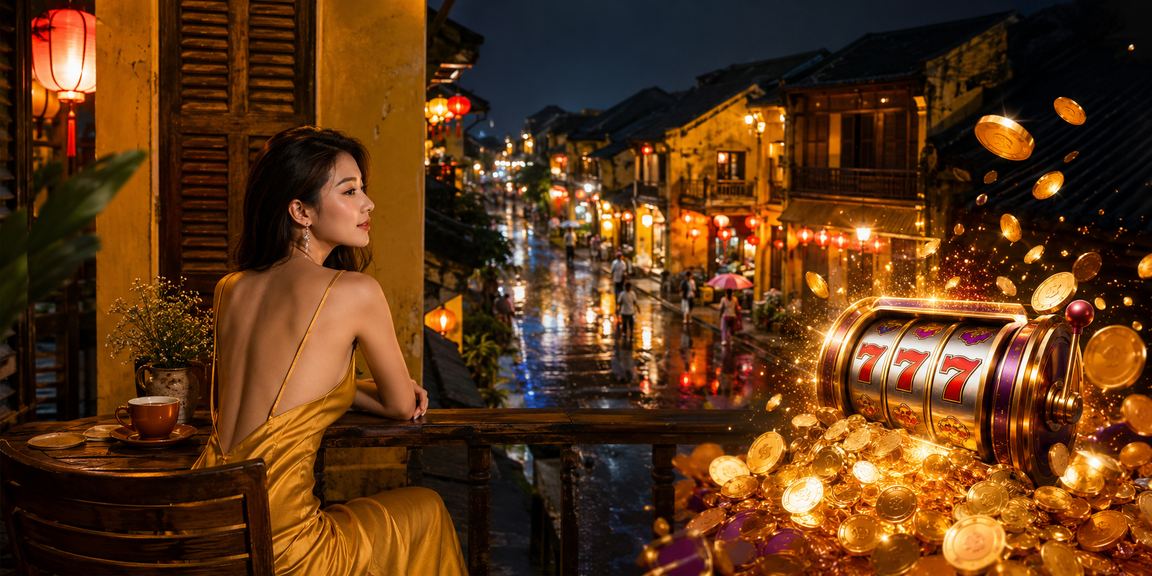 Người dùng Hội An thư giãn chơi slot game trực tuyến bên tách cà phê buổi sáng